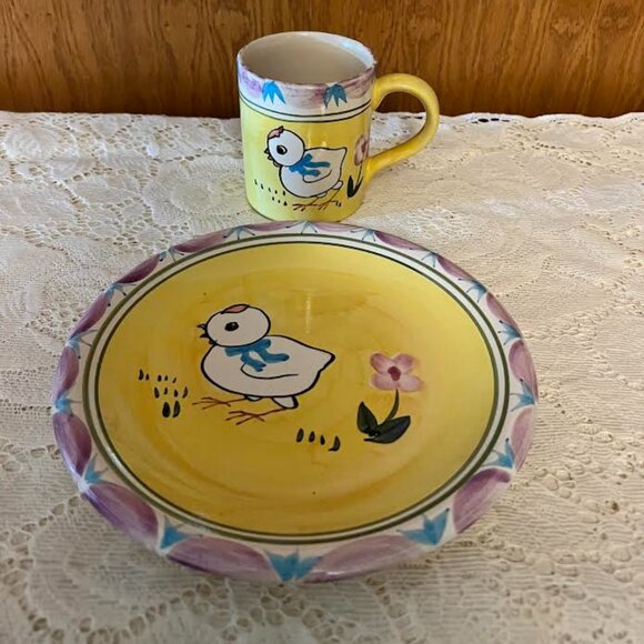 Vintage Hand-Painted World Bazars Ceramic EASTER CHICK Plate and Mug Set - Picture 1 of 8